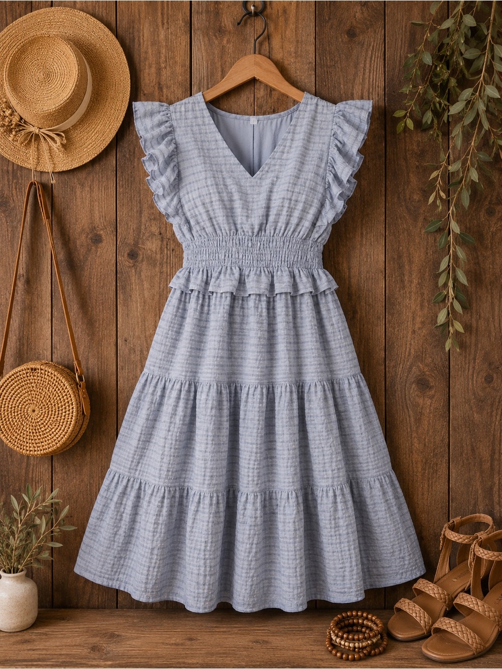 NWT Umgee XL Dusty Blue Tiered Midi Dress | Ruffled Sleeves|Cottagecore Boho
